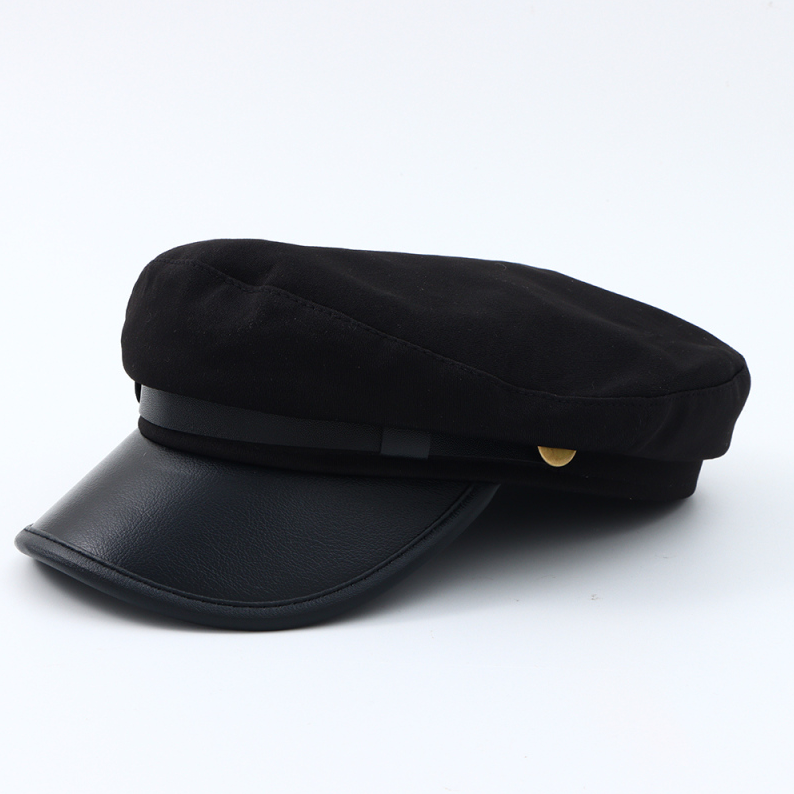 Patchwork leather brim Fashion Navy Hat (Black)