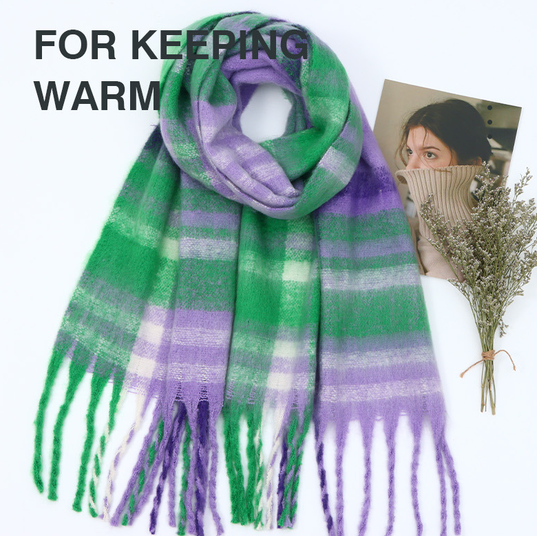 Plaid fringe mohair All-match Adult Scarf (Mixed)