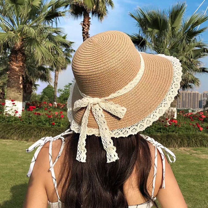 Elegant Pastoral Lace Bowknot Braided Hat (Khaki)