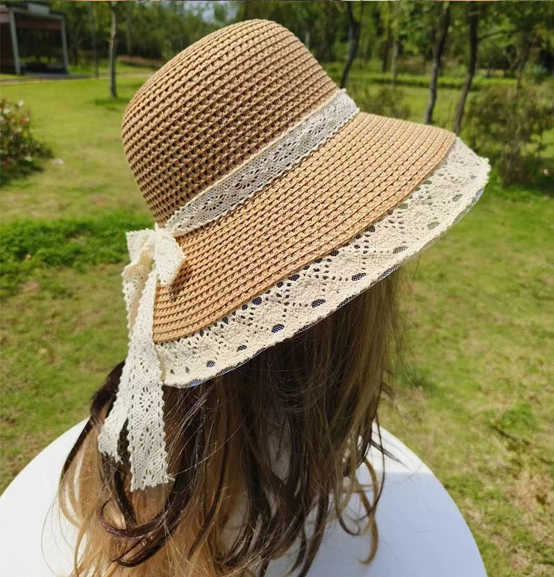 Elegant Pastoral Lace Bowknot Braided Hat (Khaki)