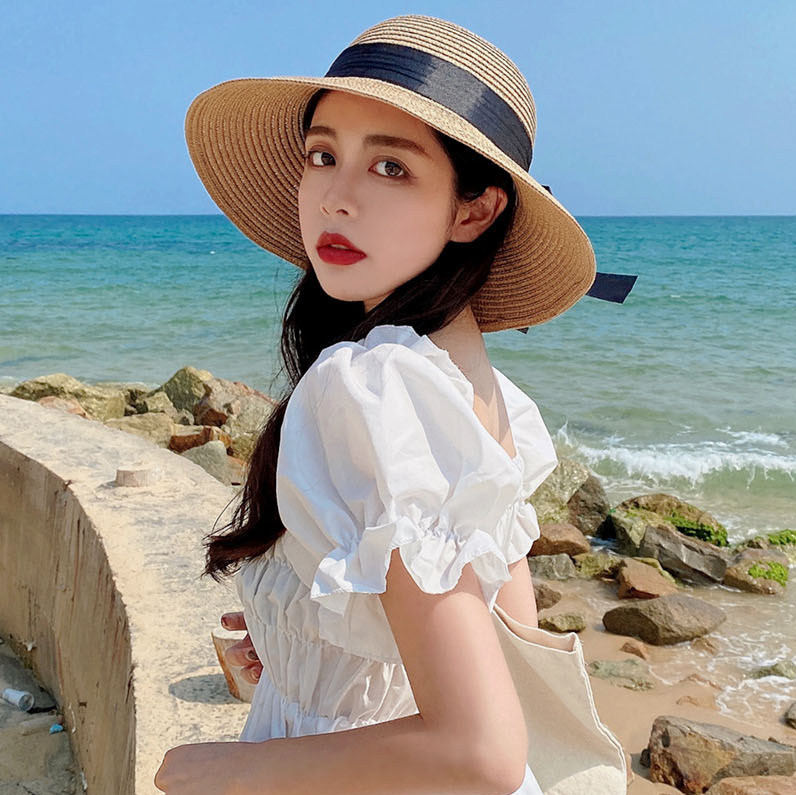 Pastoral Ladylike Bowknot Braided Straw Hat (Khaki)