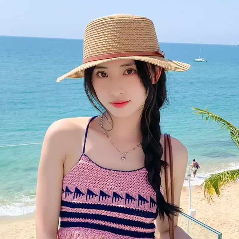Elegant Belt Buckle Sunblock Braided Straw Hat (Beige)