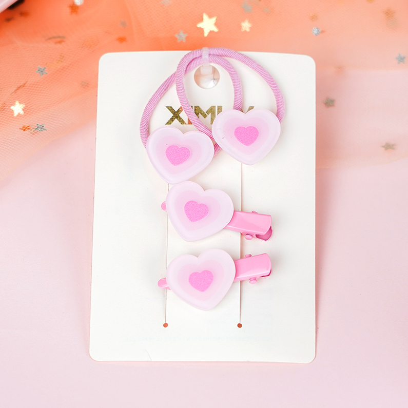 Bear Head Jelly Bag Cartoon Heart Hair Ties Duckbill Clips Set (Pink)