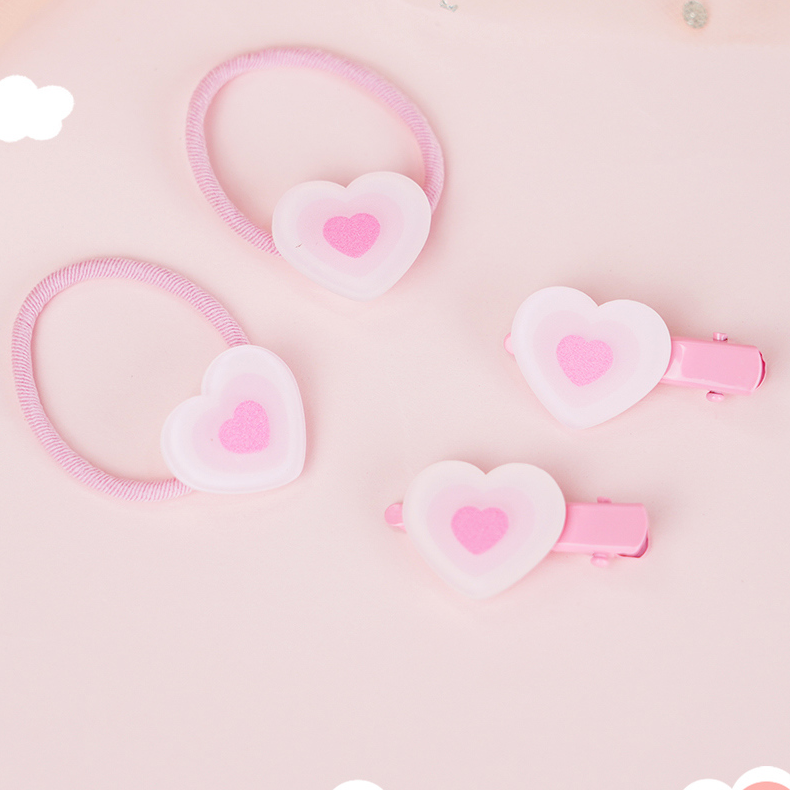 Bear Head Jelly Bag Cartoon Heart Hair Ties Duckbill Clips Set (Pink)