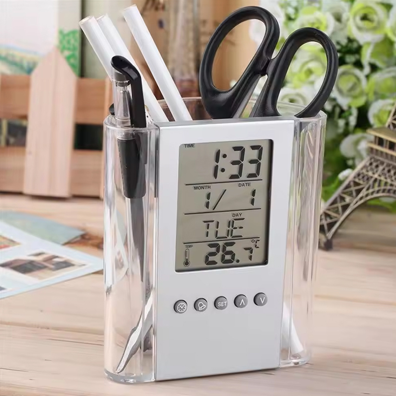 Transparent pen holder multi-function electronic alarm clock