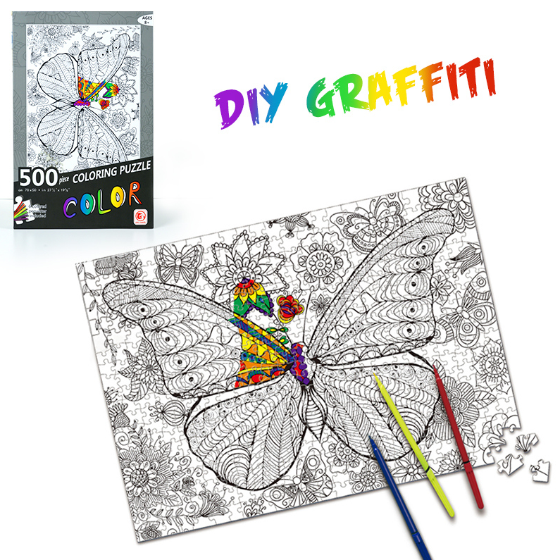 Doodle Butterfly Puzzle with 5 Watercolor Pens (500PCS) (Black ＆White)