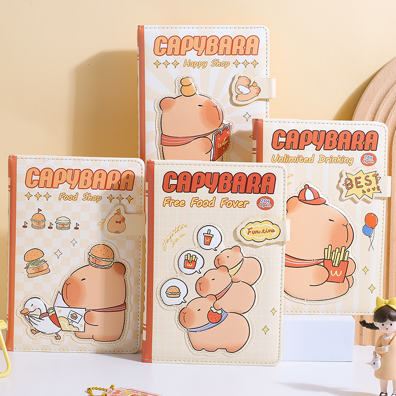 Cute Capybara Series Magnetic Buckle PU Color Pages Hardcover Notebook 32K 112 Sheets