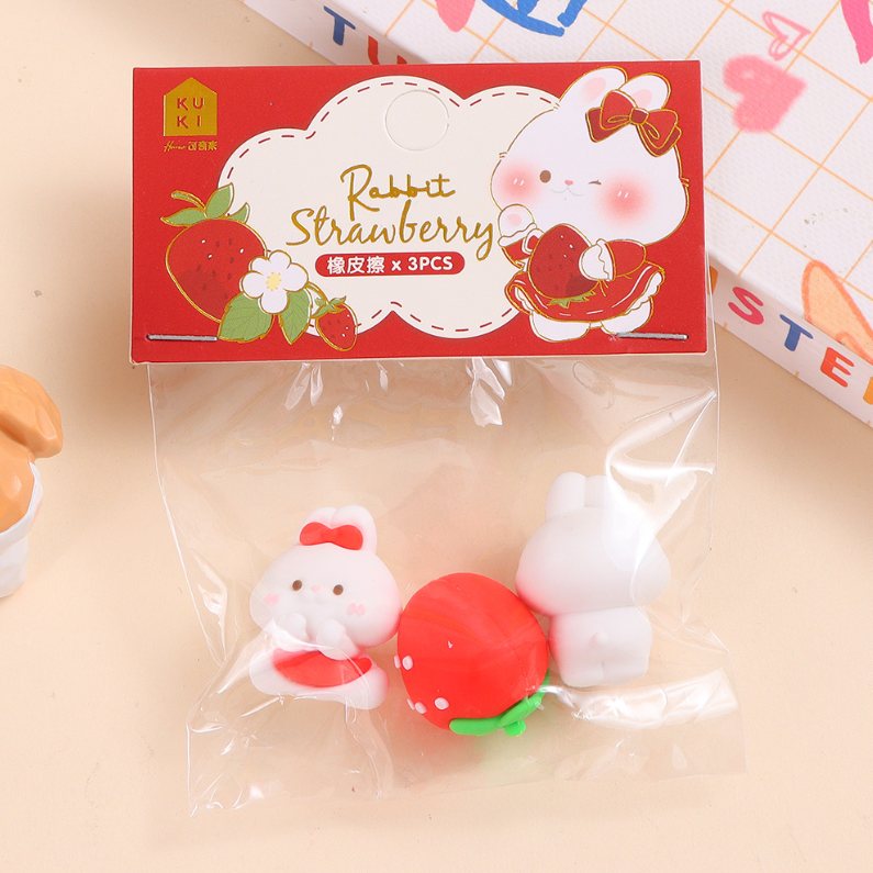 Strawberry sweet rabbit share eraser 3 sets