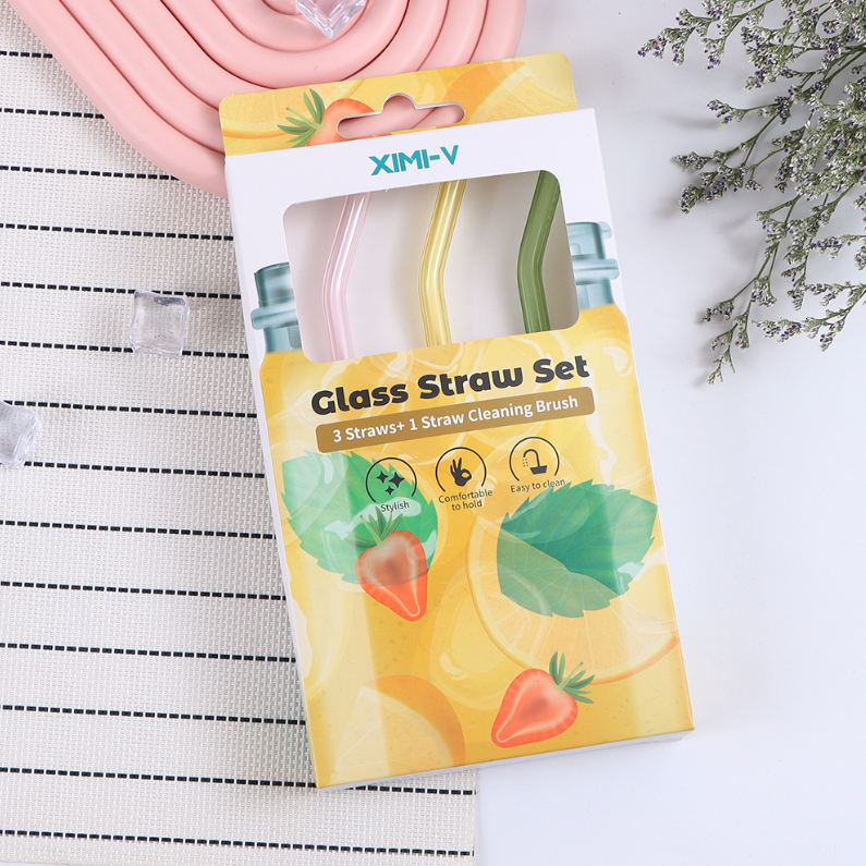 Diamond Curved Solid color Glass Straw Set /3+1 (mixed)