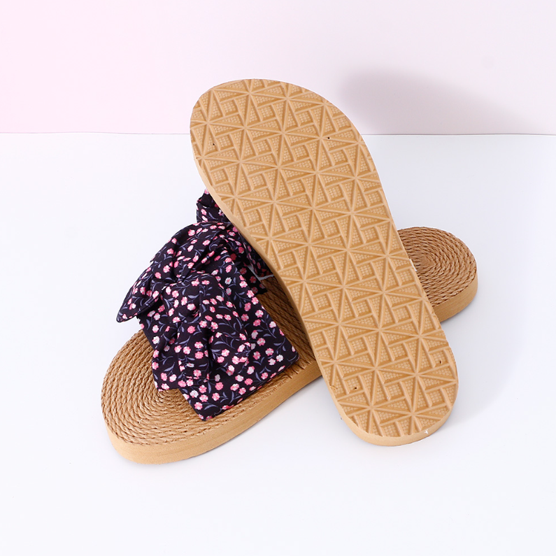 Floral Series Bow Beach Wind Flat Sandals 38 yards (Black)