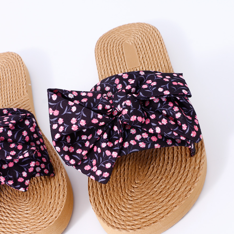 Floral Bow Beach Wind Flat Sandals 37 yards (Black)