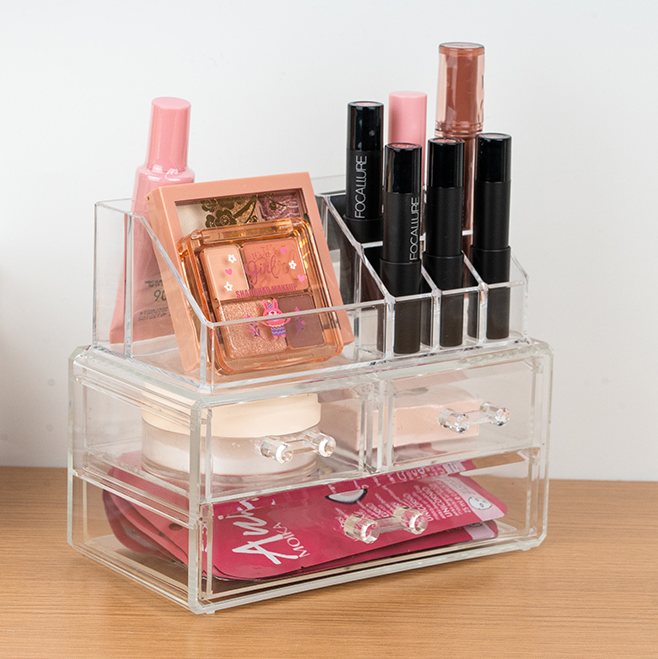 2-Layer Plastic Makeup Organizer with 3 Drawers (Clear)