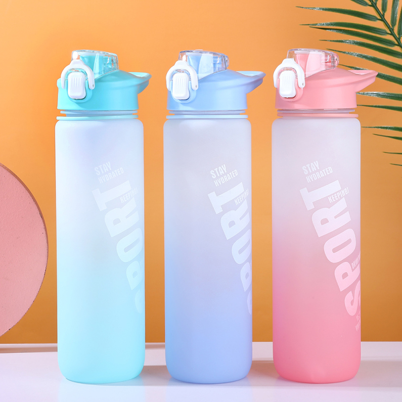 1000ml/33.81fl.oz. Sporty Gradient Color Series Dull Polished Flip-Top Basic Plastic Cup with Straw