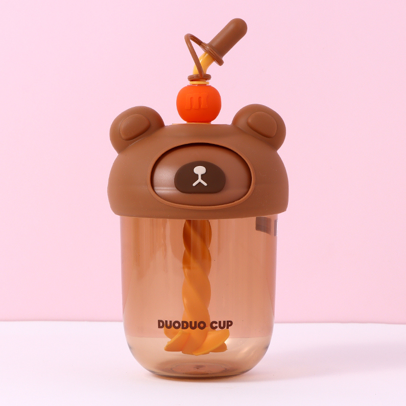 600ml/20.2fl.oz. DuoDuoCup Stirring Straw Plastic Cup (Brown)