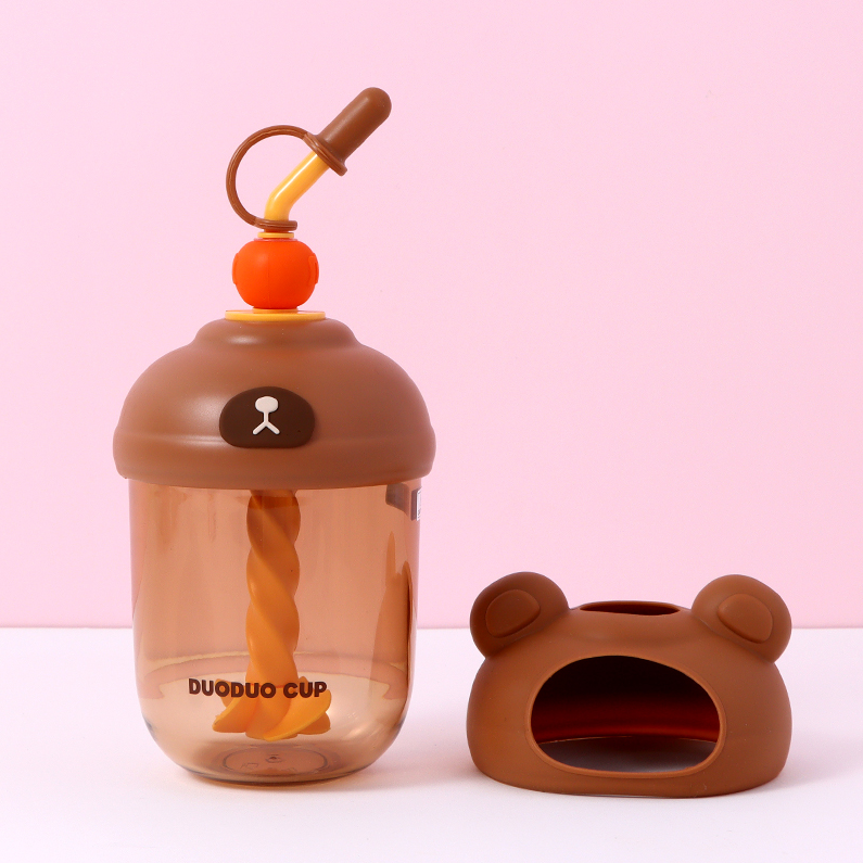 600ml/20.2fl.oz. DuoDuoCup Stirring Straw Plastic Cup (Brown)