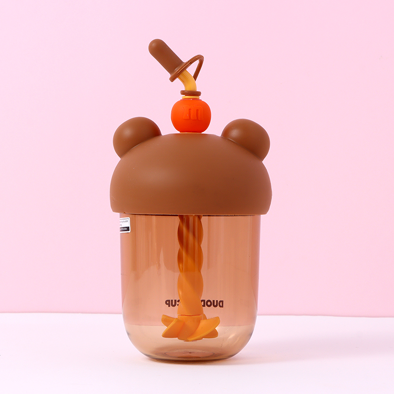 600ml/20.2fl.oz. DuoDuoCup Stirring Straw Plastic Cup (Brown)