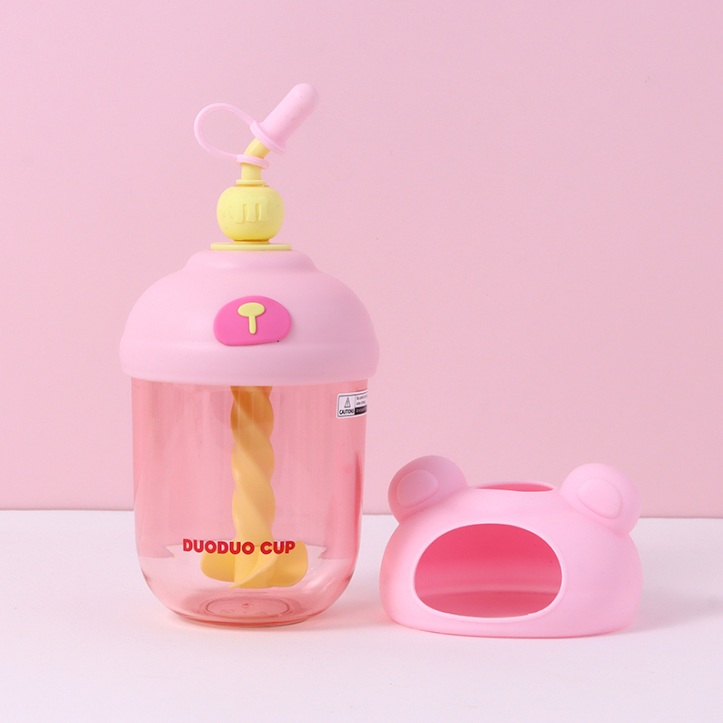 600ml/20.2fl.oz. DuoDuoCup Stirring Straw Plastic Cup (Pink)