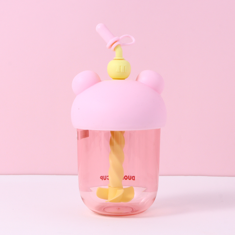 600ml/20.2fl.oz. DuoDuoCup Stirring Straw Plastic Cup (Pink)