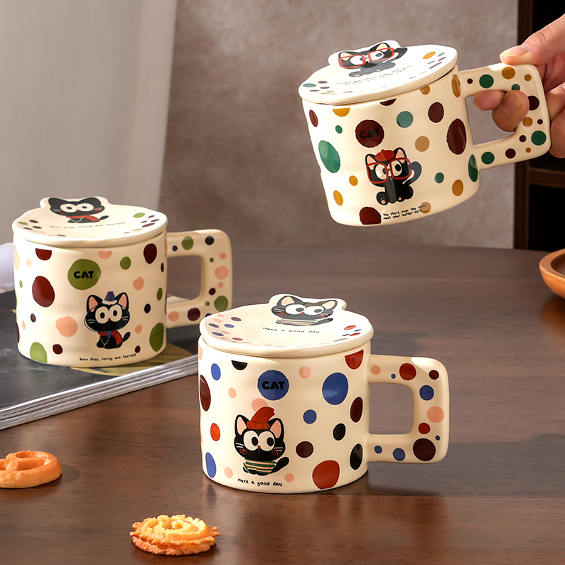 320mL/10.82fl.oz. Polka Dot Kitten Ceramic Cup