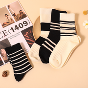 Women's soft Black Matching striped Mid-tube socks (2 pairs)