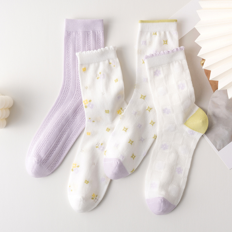 2 pairs of Purple Flower Breathable Comfortable Women's Mid-