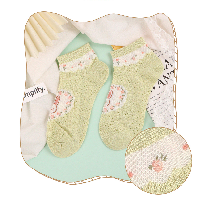 2 pairs of Green Floral Rabbit Comfort Socks for Women (mixe