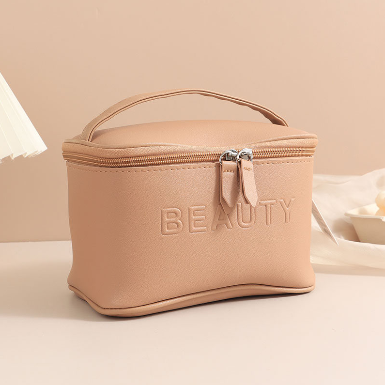 Solid-color three-dimensional English round bucket cosmetic bag