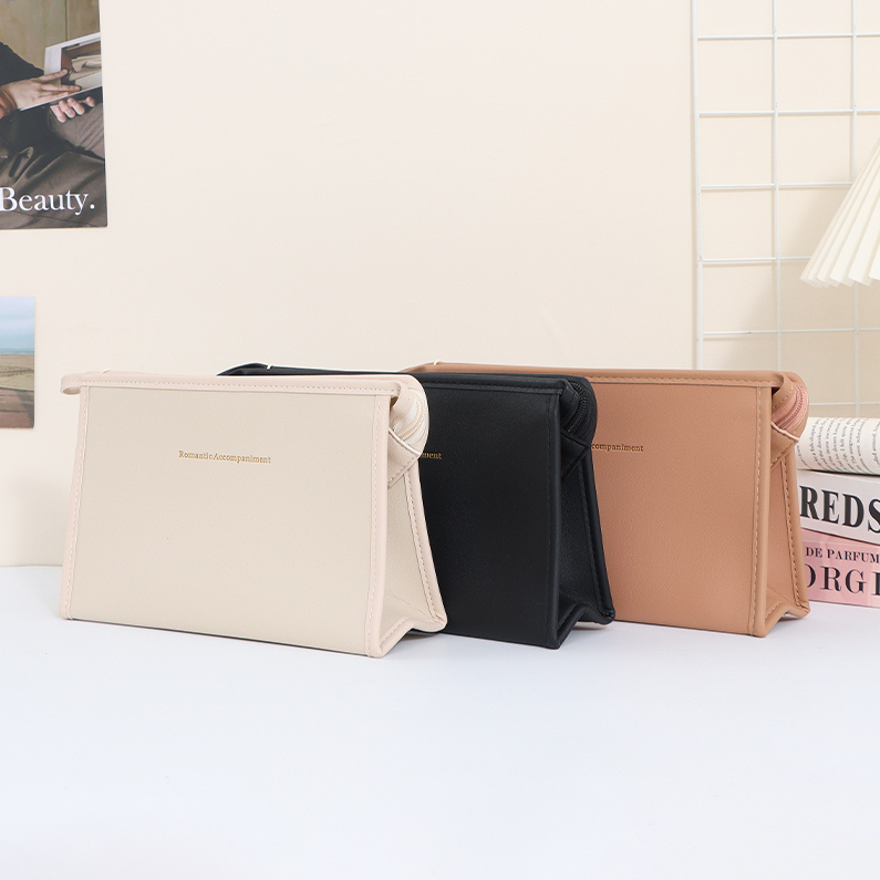 Solid-color double-sided leather official document makeup bag