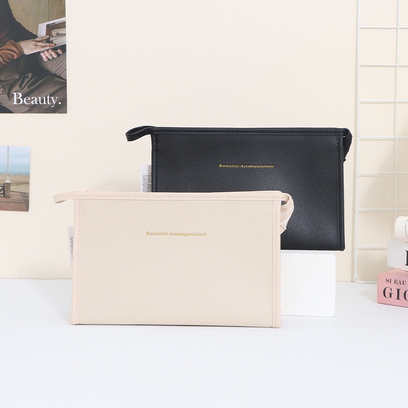 Solid-color double-sided leather official document makeup bag
