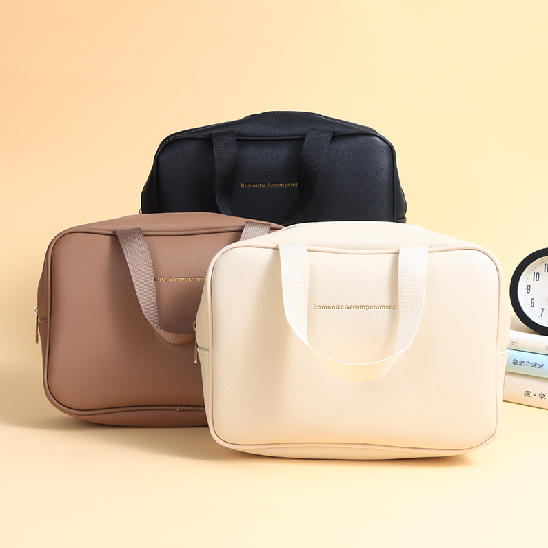 Solid-color double-sided leather toiletry and storage bag