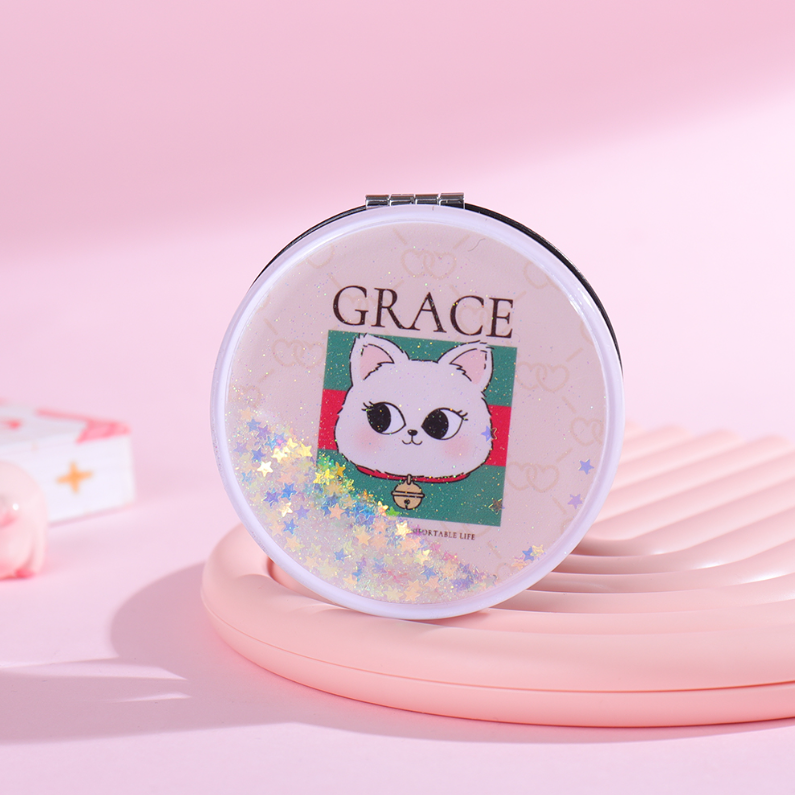 Elegant Kitten Series Glitter Round Portable Mirror