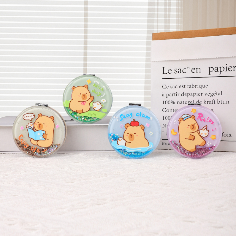 Lovely Capybara Series Big round Crystal Quicksand Stylish Regular Portable Mirror