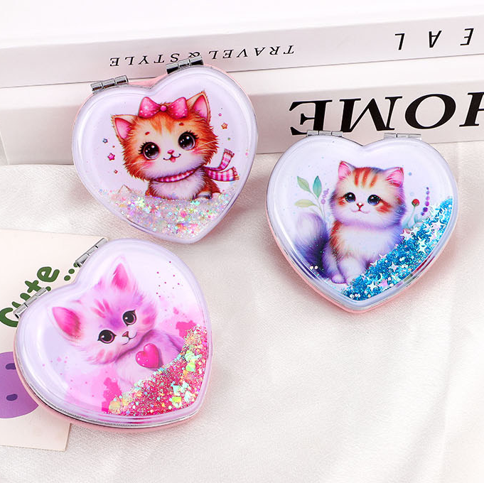Kitten Heart-shaped Glitter Portable Mirror