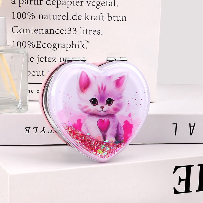 Kitten Heart-shaped Glitter Portable Mirror