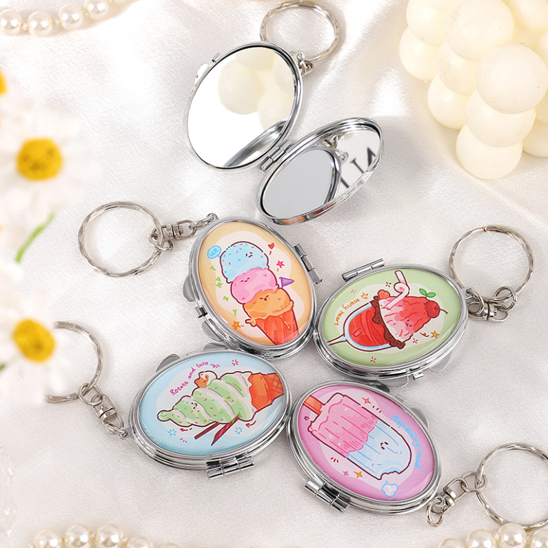 Gradient Color Flower Heart Shape Portable Mirror Keychain