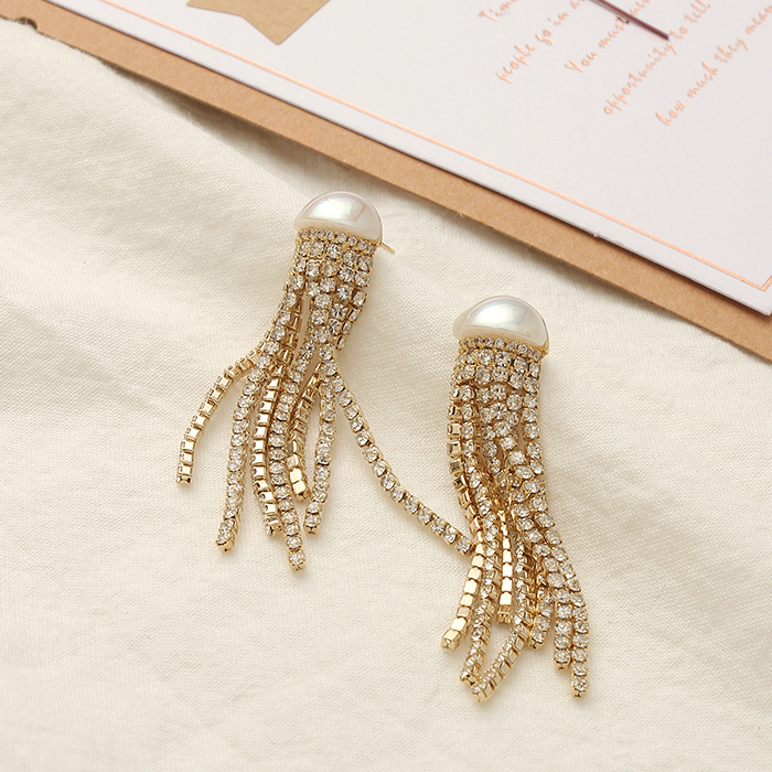 925 silver needle half-round pearl tassel earrings