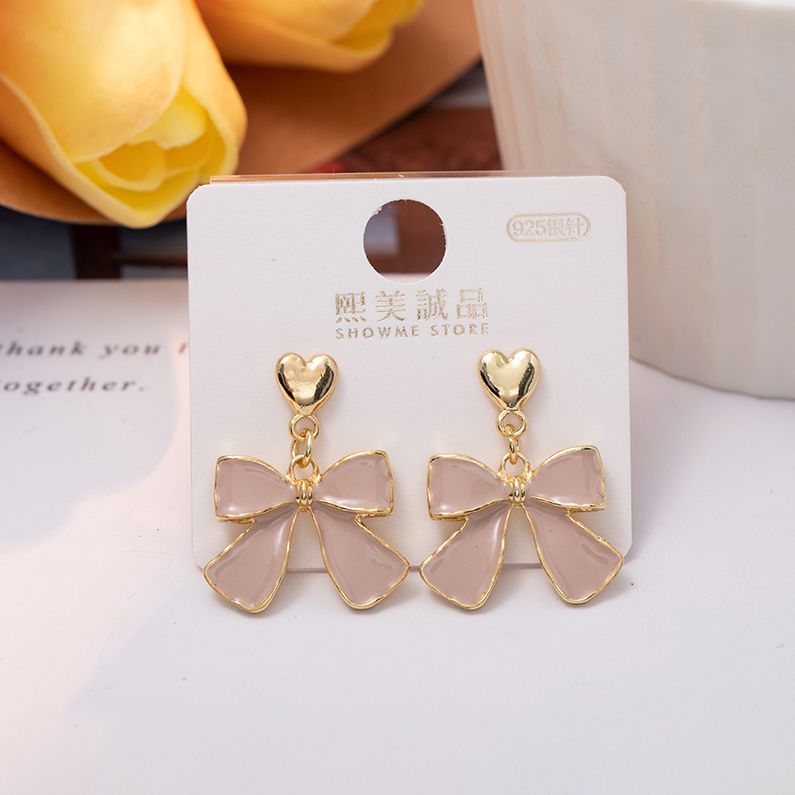 Drop oil bow silver needle earrings