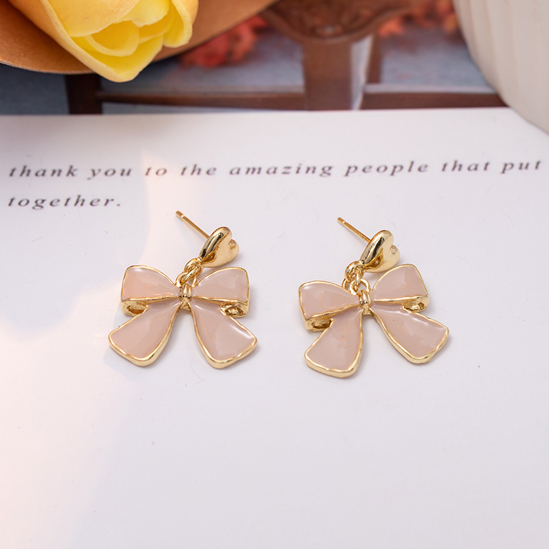 Drop oil bow silver needle earrings