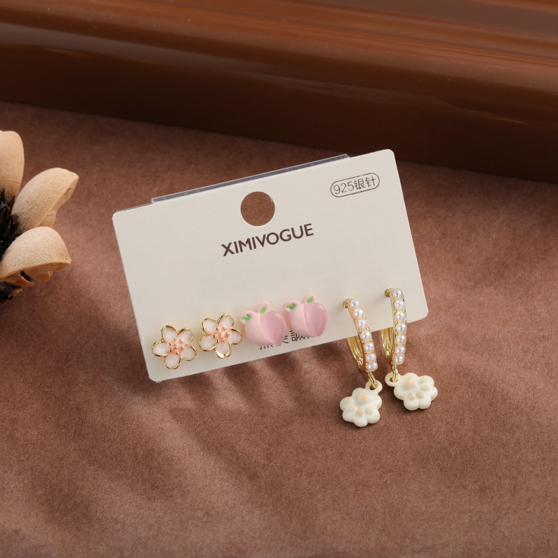 Silver needle powder peach stud earrings six-piece set
