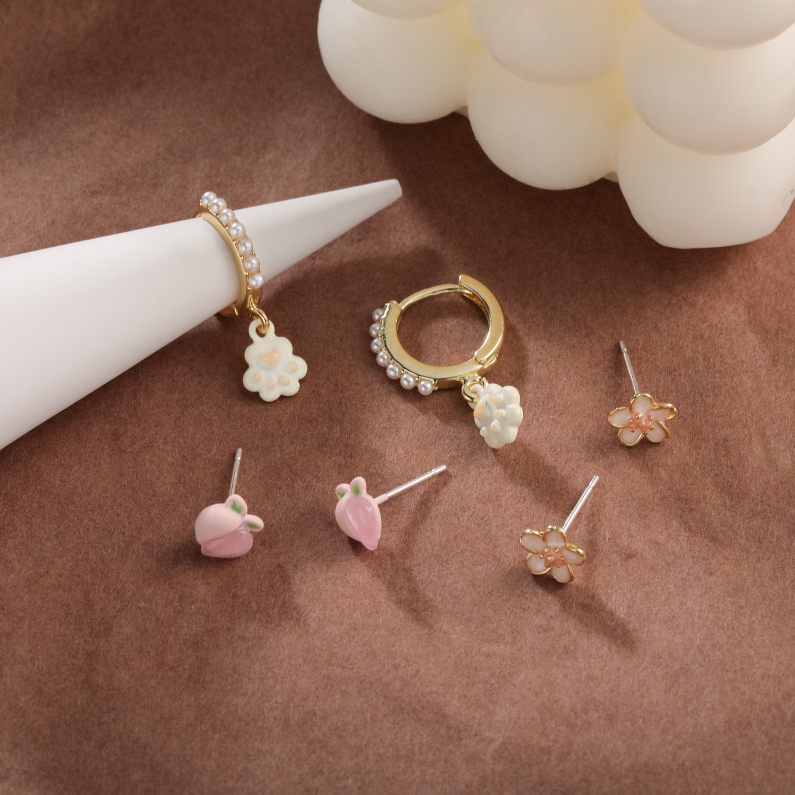 Silver needle powder peach stud earrings six-piece set