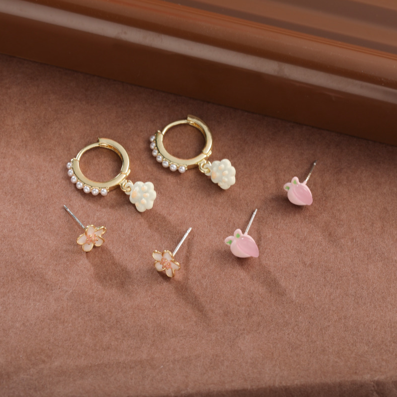 Silver needle powder peach stud earrings six-piece set