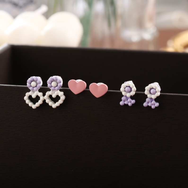 Silver needle purple earrings six-piece set