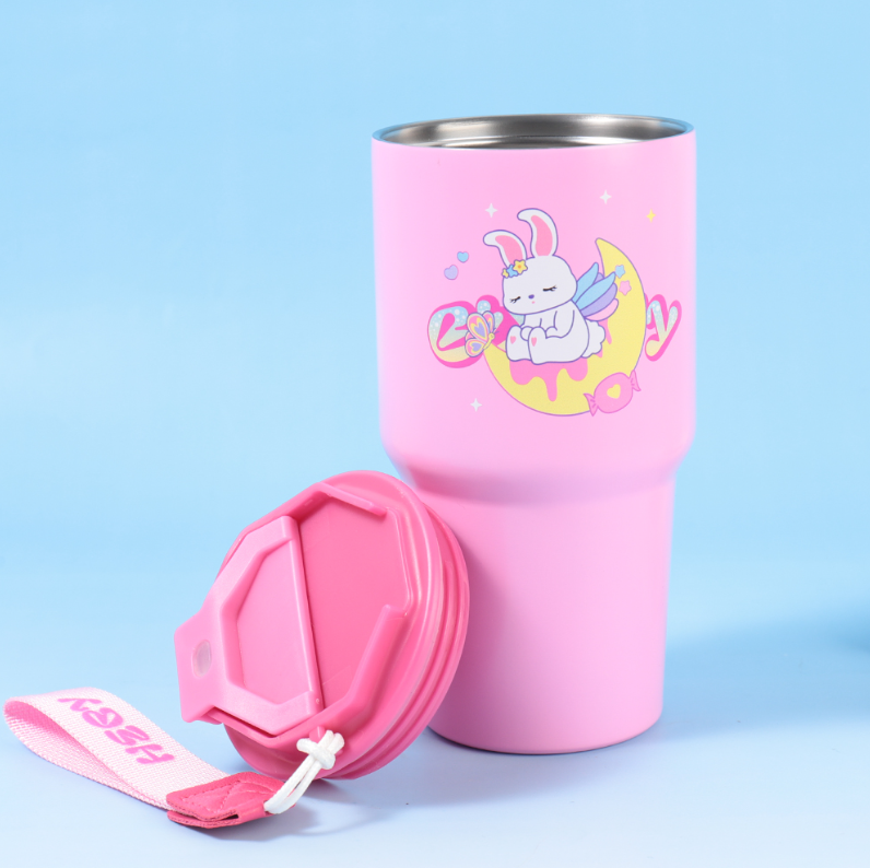 620ml/20.96fl.oz. Starlight Family Basic Coffee Thermos Cup with Lanyard (Light Pink)