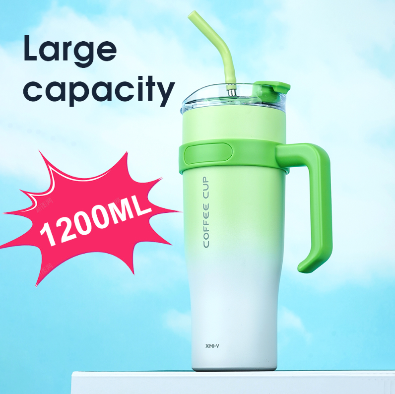 1200ml/40.57fl.oz. Extra Large Basic Thermos Cup with Straw (Gradient Green)
