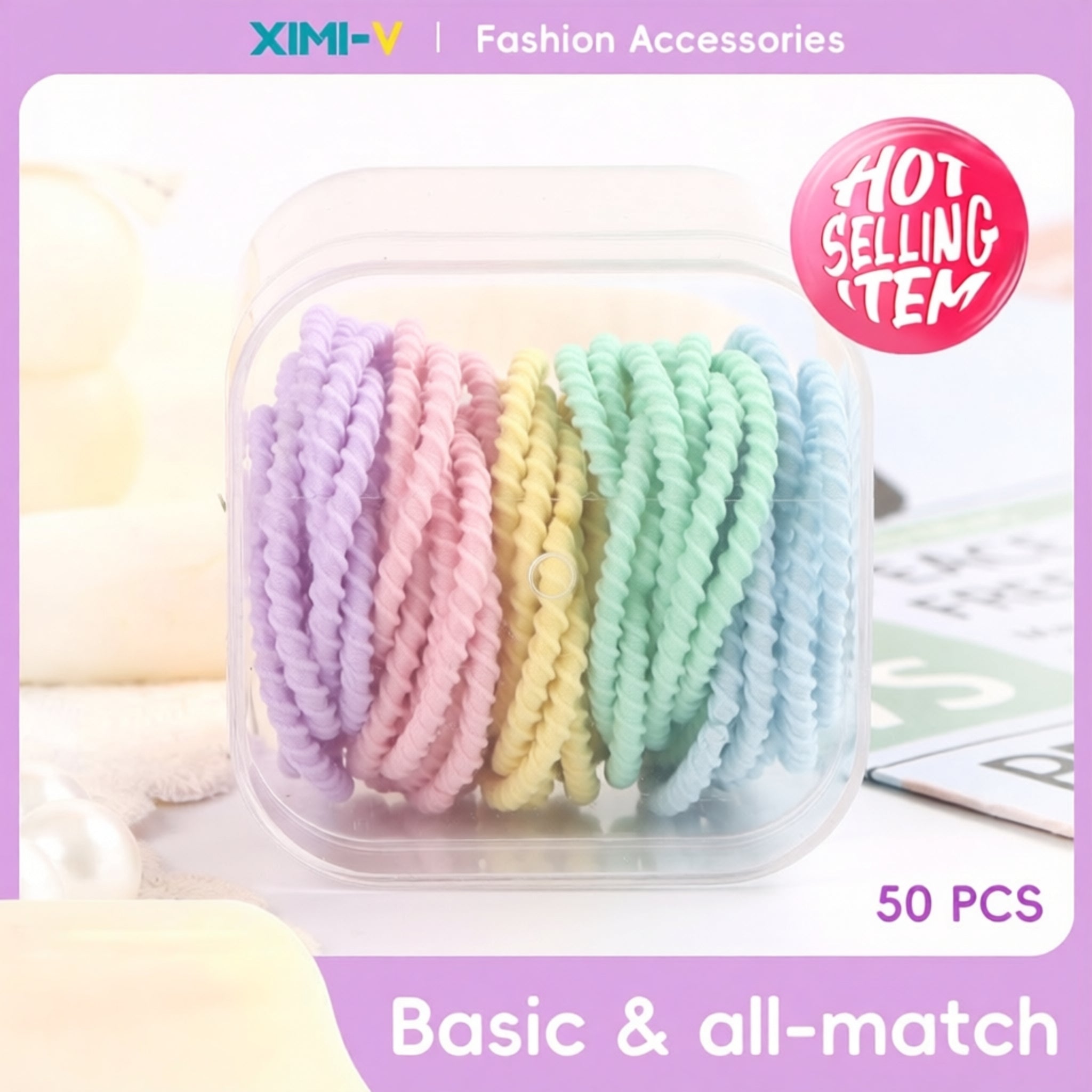 Macaron color fine spiral grain base rubber band 50 pieces