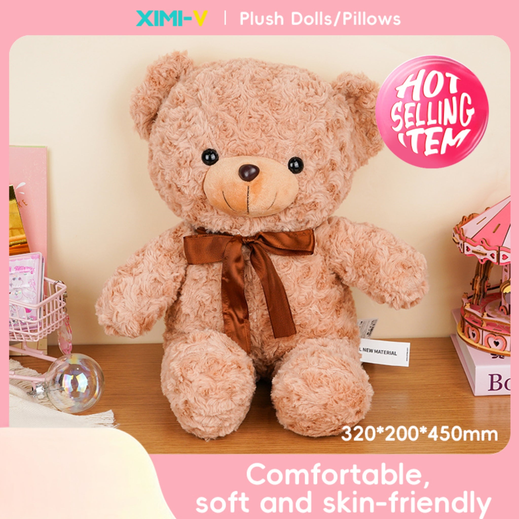 Ribbon Rose Velvet Bear Stuffed Doll (M) (45cm) (Brown)