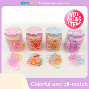 Square box of colored disposable rubber bands