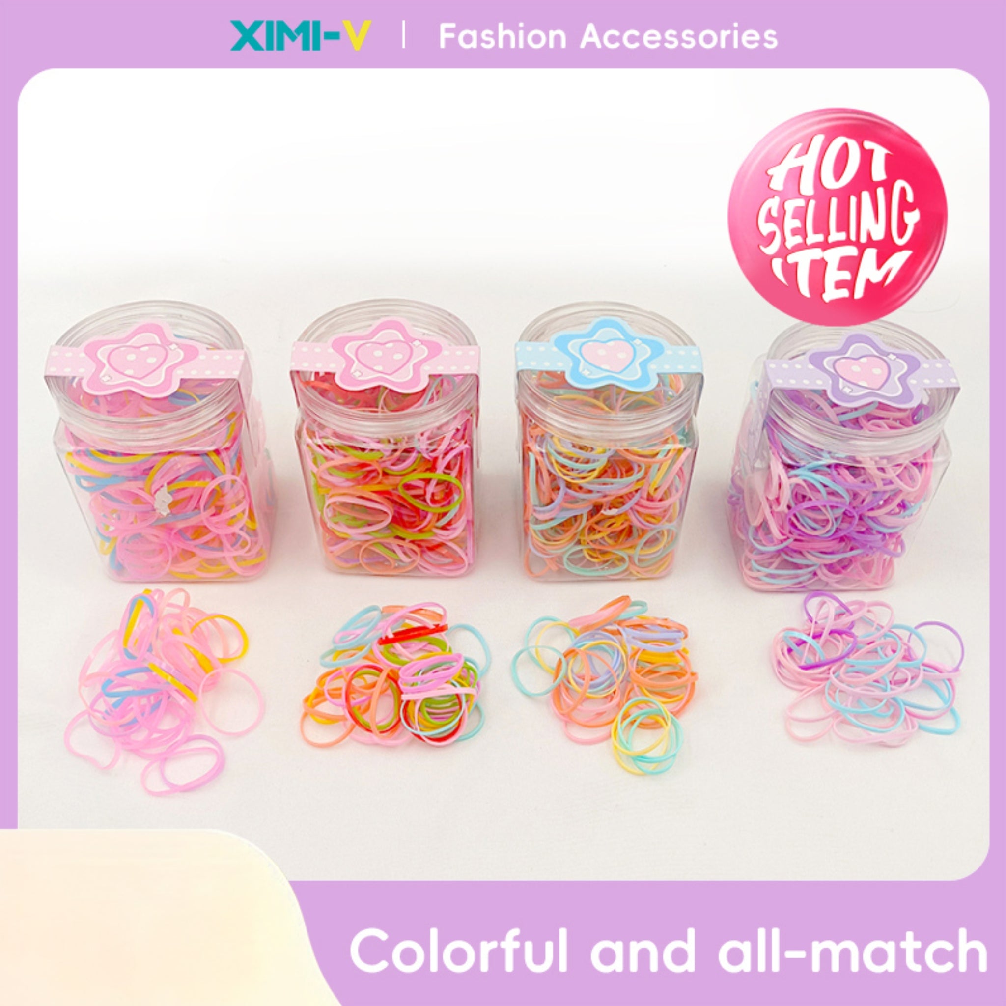 Square box of colored disposable rubber bands