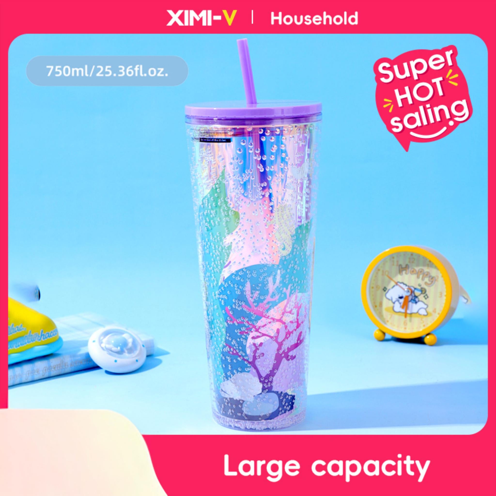 750ml/25.36fl.oz. Large Capacity Creative Basic Plastic Cup with Straw (Purple)