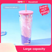 750ml/25.36fl.oz. Large Capacity Creative Basic Plastic Cup with Straw (Pink)